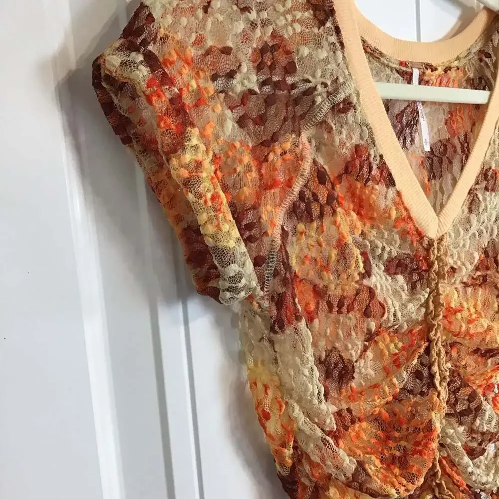 Free People Solana Sheer Ruched Lace V-Neck Crop Top Size Small Boho Festival
